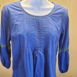 Fabindia Womens Pintuck Kurta Blue Cotton 3/4 Length Sleeve Round Neck Sz S